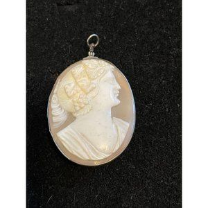 Sterling Silver Framed Carved Shell Grecian Portrait Cameo Brooch-Pendant